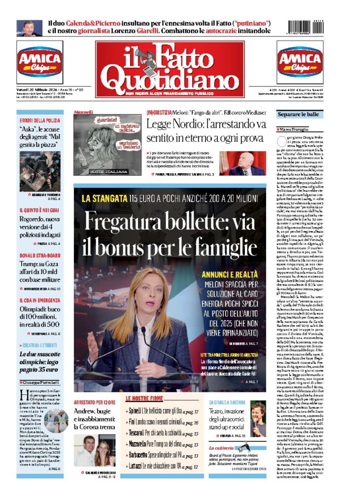 Copertina de Il Fatto Quotidiano di venerdì 20 Febbraio 2026