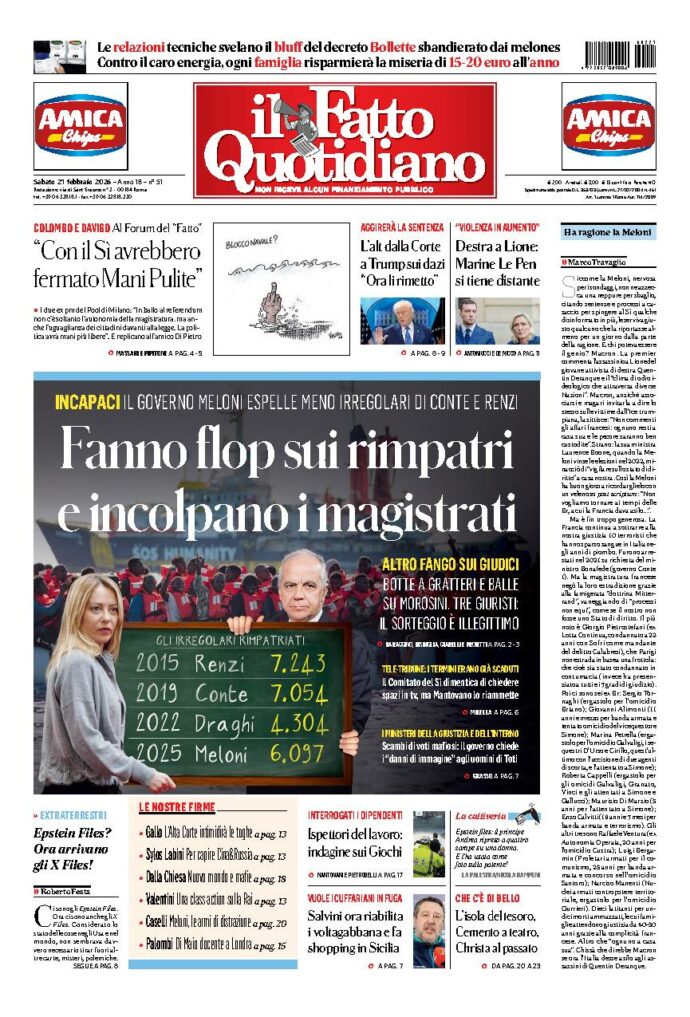 Copertina de Il Fatto Quotidiano di sabato 21 Febbraio 2026