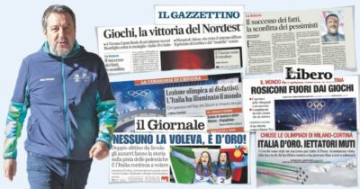 Copertina di Slurp olimpico: “L’Italia del fare contro tutti i rosiconi”. Le medaglie d’oro della propaganda sui giornali della destra (e non solo)
