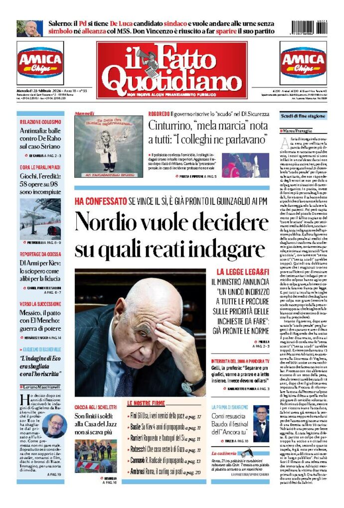Copertina de Il Fatto Quotidiano di mercoledì 25 Febbraio 2026