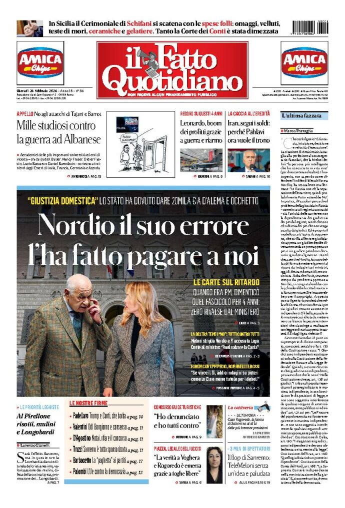 Copertina de Il Fatto Quotidiano di Gio 26 Febbraio 2026