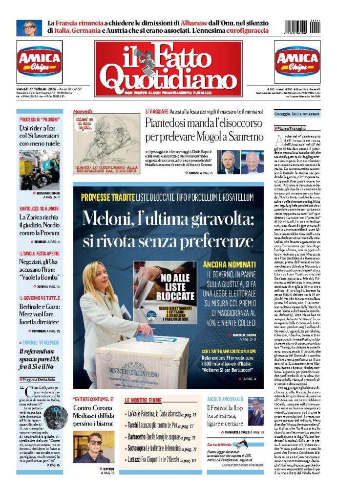 Copertina de Il Fatto Quotidiano di Ven 27 Febbraio 2026