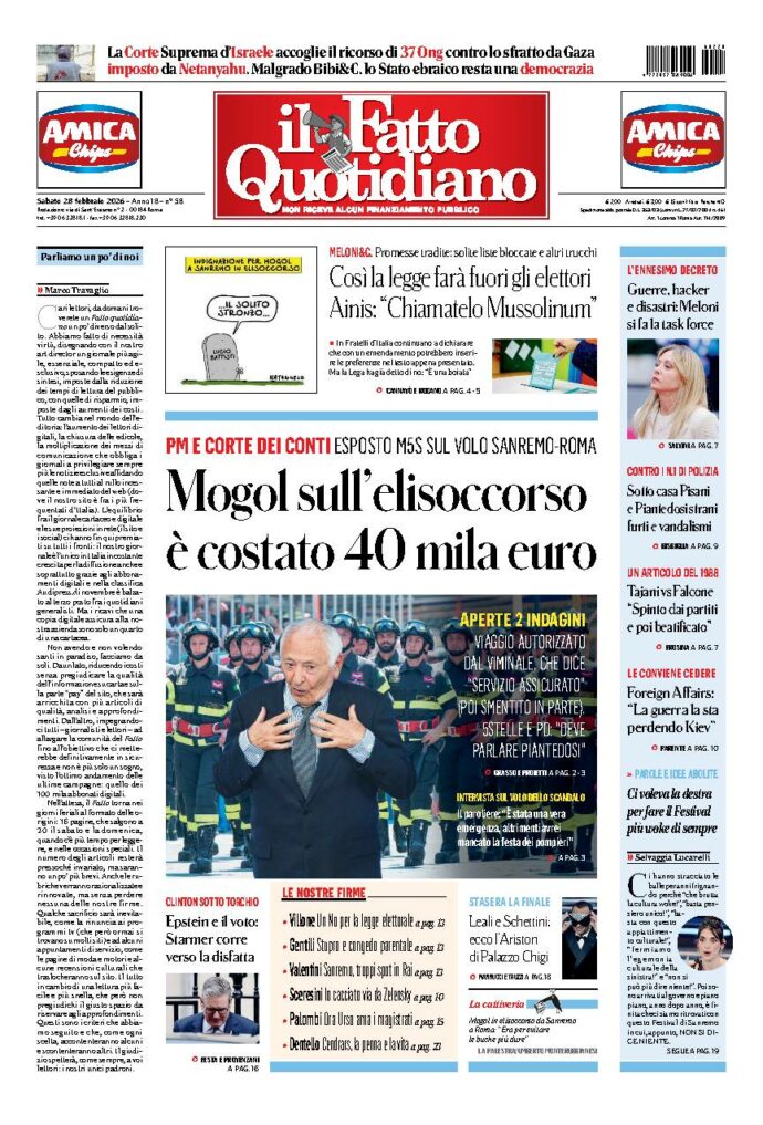 Copertina de Il Fatto Quotidiano di Sab 28 Febbraio 2026