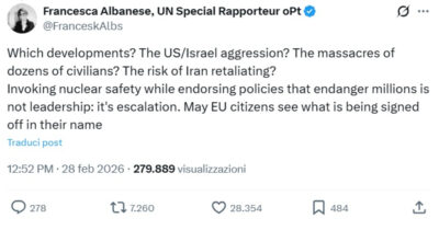 Copertina di Attacco Usa-Israele, Von der Leyen parla di “sviluppi in Iran”. Francesca Albanese: “Quali? I massacri di decine di civili?”
