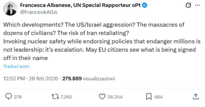 Attacco Usa-Israele, Von der Leyen parla di “sviluppi in Iran”. Francesca Albanese: “Quali? I massacri di decine di civili?”