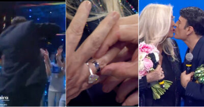 Copertina di Sal Da Vinci cade dal palco, poi regala un anello a Mara Venier e la bacia sulla bocca: lo show del vincitore di Sanremo a “Domenica In”