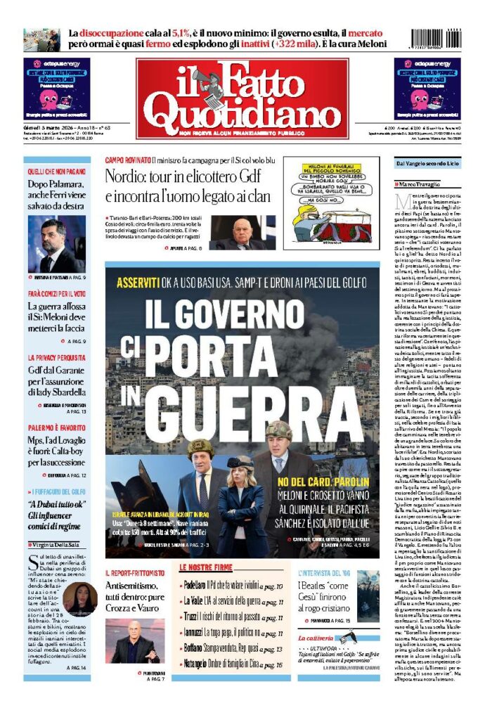 Copertina de Il Fatto Quotidiano di giovedì 5 Marzo 2026
