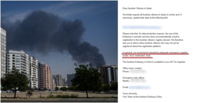 Copertina di Mentre per l’Italia “nulla lasciava presagire” l’attacco in Iran, l’Austria allertava 2 giorni prima i suoi cittadini in Qatar: “Tenete scorte d’emergenza”