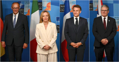Copertina di Starmer, Macron, Merz e Meloni tentano il coordinamento militare sull’Iran. Ma l’Ue resta divisa sulle responsabilità della crisi