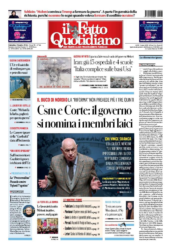 Copertina de Il Fatto Quotidiano di Dom 8 Marzo 2026
