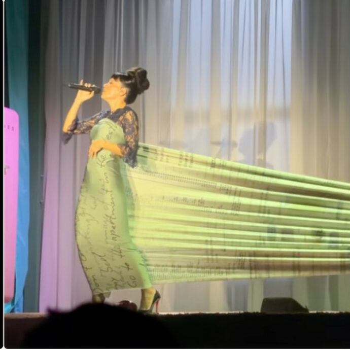 Lily Allen in concerto con il ‘revenge dress’, sull’abito le prove dei tradimenti dell’ex marito: “L’hai portata a fare shopping, le hai comprato una borsa costosa mentre io dormivo”