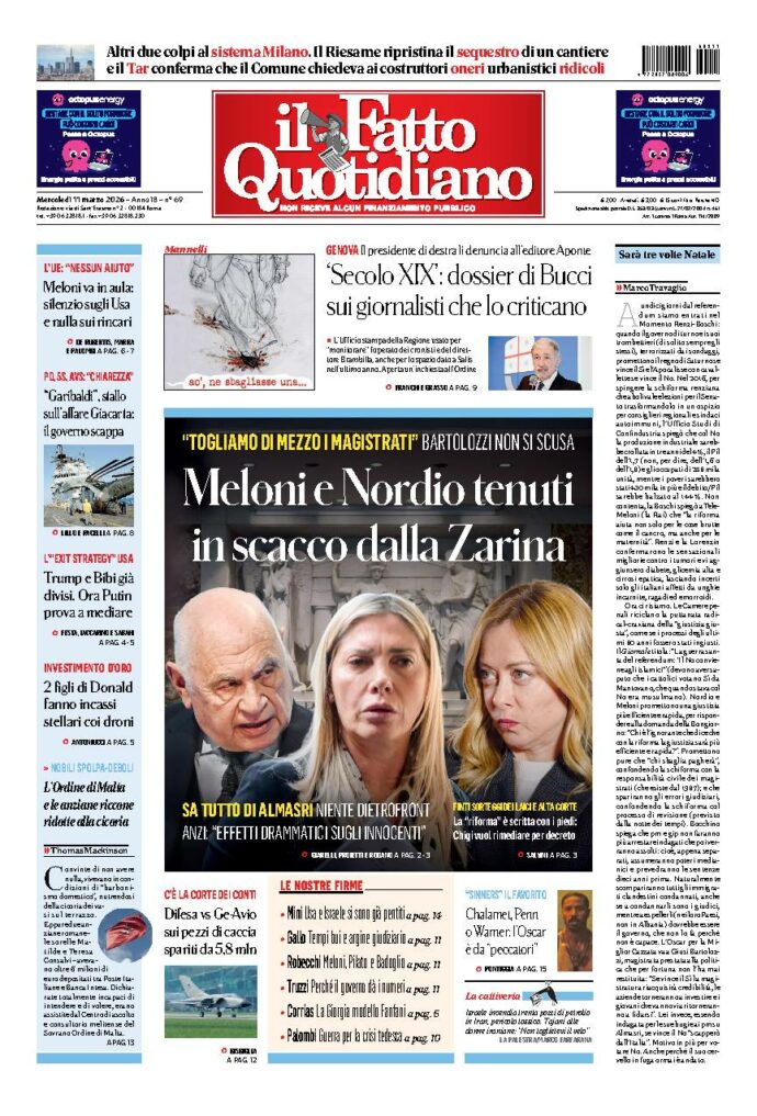 Copertina de Il Fatto Quotidiano di mercoledì 11 Marzo 2026