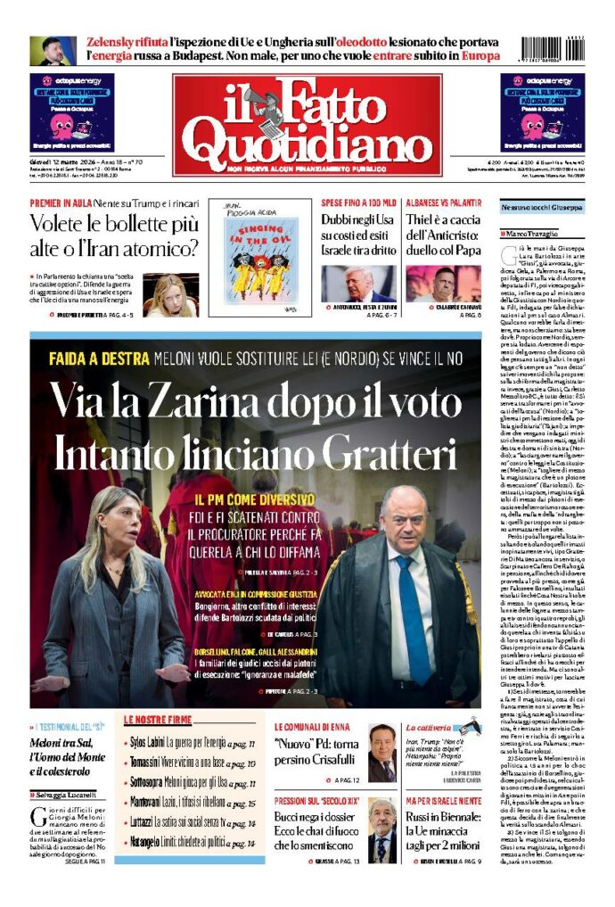 Copertina de Il Fatto Quotidiano di giovedì 12 Marzo 2026