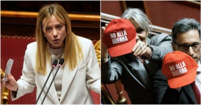 Copertina di Attacco all’Iran, Meloni: “L’Italia non vuole entrare nel conflitto. Usa-Israele fuori dal diritto internazionale”. M5s con cappellini stile Maga: “No alla guerra”