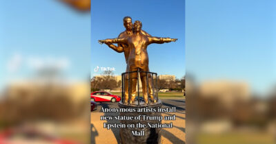 Copertina di Trump ed Epstein come Jack e Rose sul Titanic: la statua-provocazione apparsa vicino al Campidoglio Usa – Video