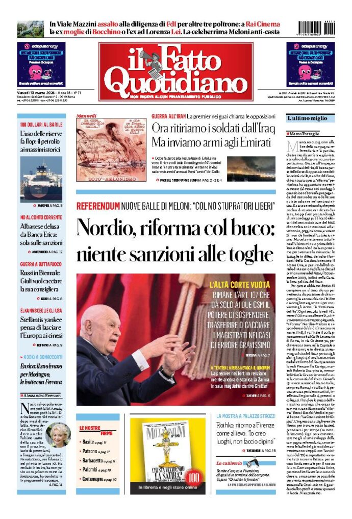 Copertina de Il Fatto Quotidiano di Ven 13 Marzo 2026
