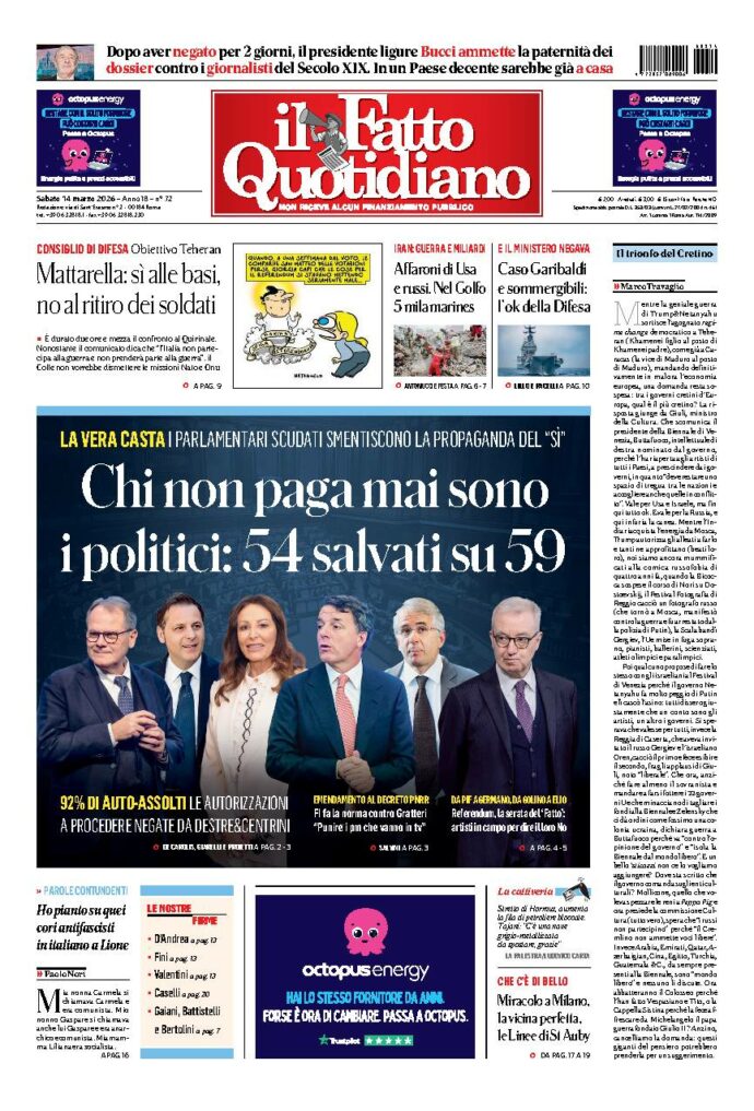 Copertina de Il Fatto Quotidiano di sabato 14 Marzo 2026