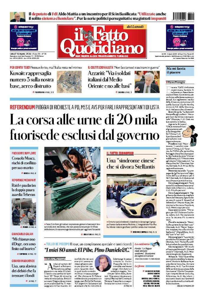 Copertina de Il Fatto Quotidiano di Lun 16 Marzo 2026