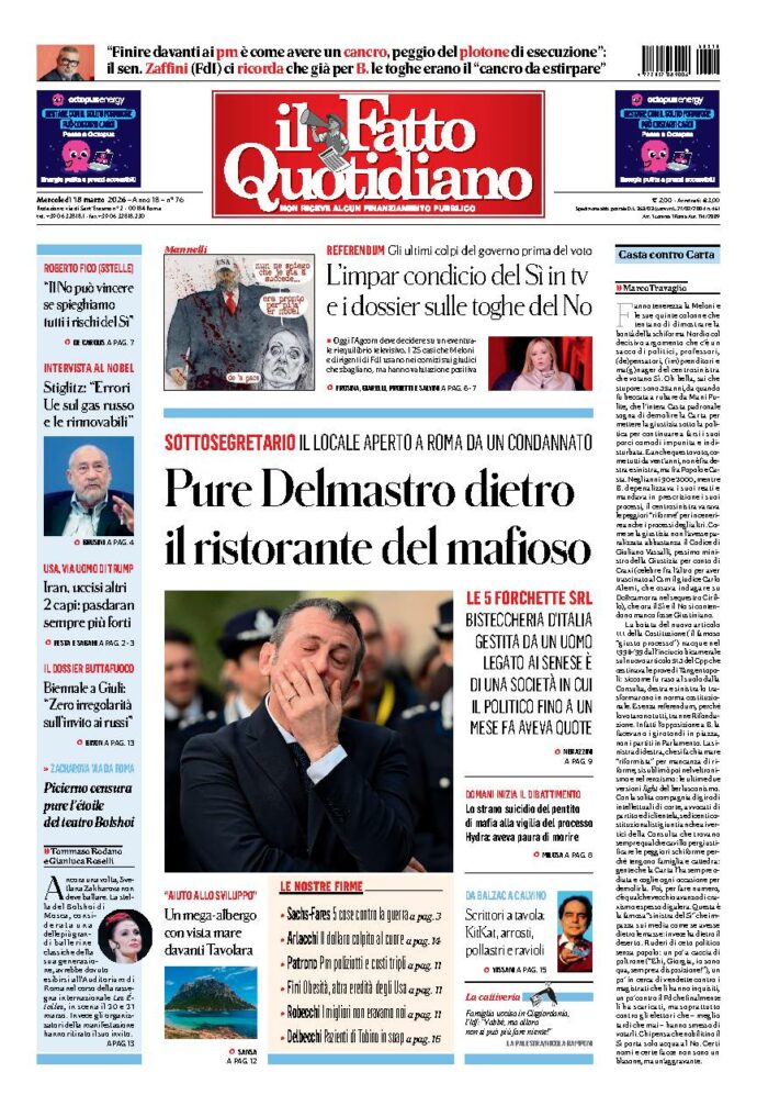 Copertina de Il Fatto Quotidiano di mercoledì 18 Marzo 2026
