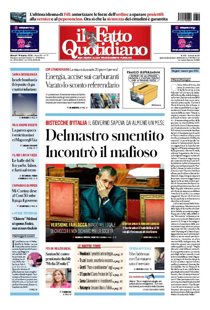 Copertina de Il Fatto Quotidiano di giovedì 19 Marzo 2026