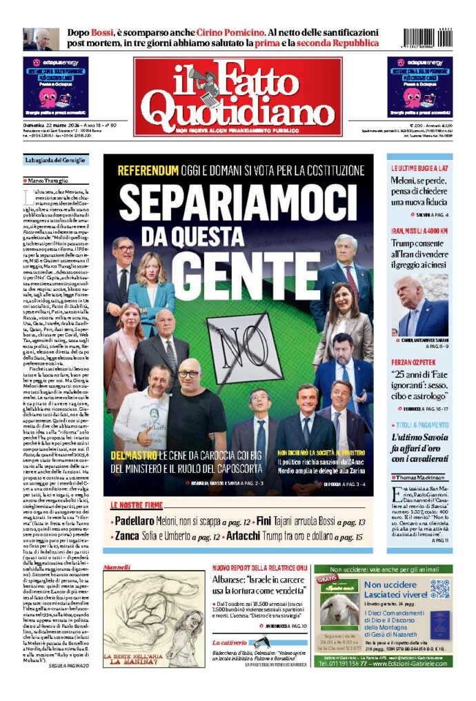 Copertina de Il Fatto Quotidiano di domenica 22 Marzo 2026