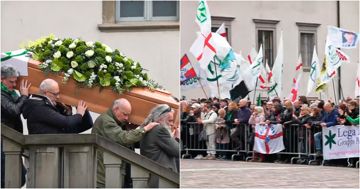 Funerali di Bossi, cori all’uscita del feretro: “Bruciamo il tricolore”. Giorgetti costretto a intervenire: “Per cortesia…”
