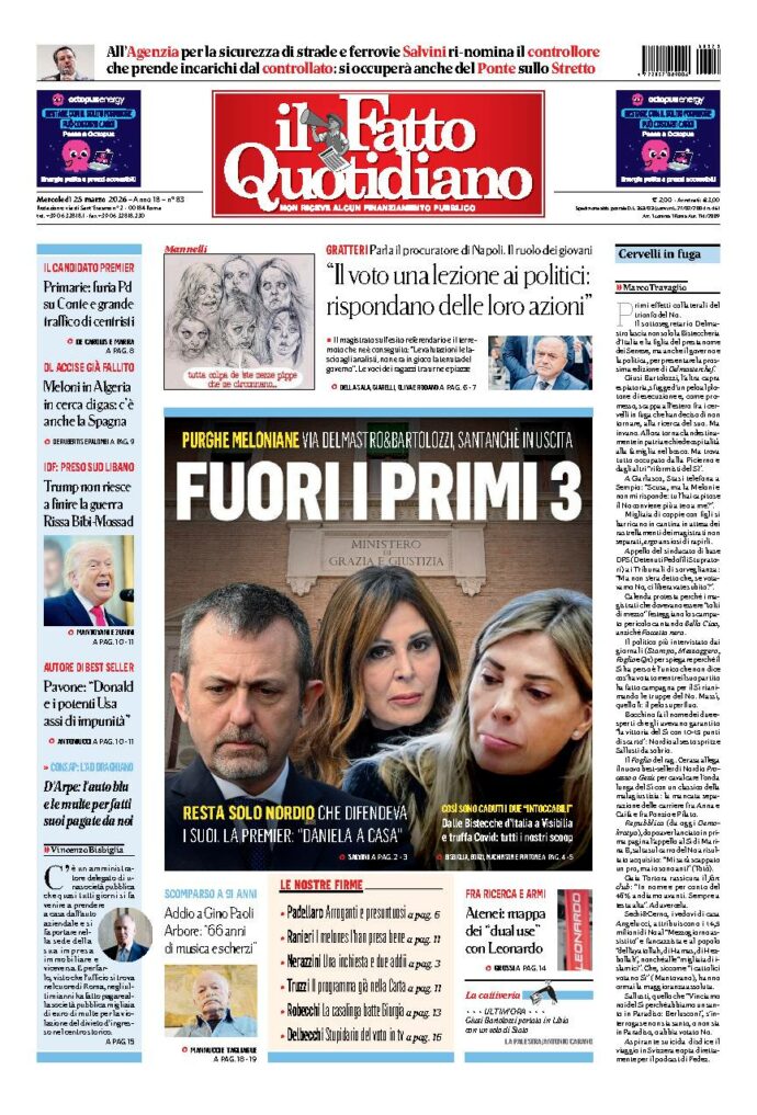 Copertina de Il Fatto Quotidiano di mercoledì 25 Marzo 2026
