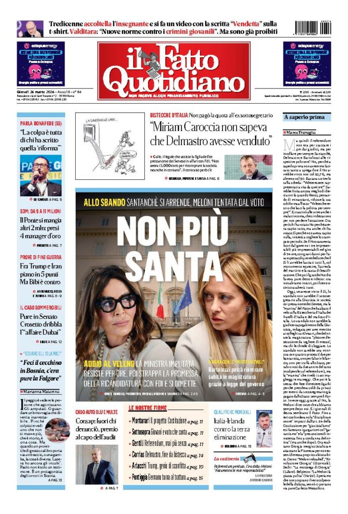 Copertina de Il Fatto Quotidiano di giovedì 26 Marzo 2026