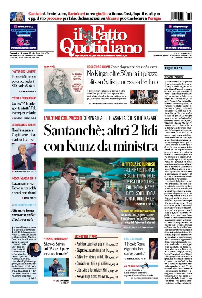 Copertina de Il Fatto Quotidiano di domenica 29 Marzo 2026