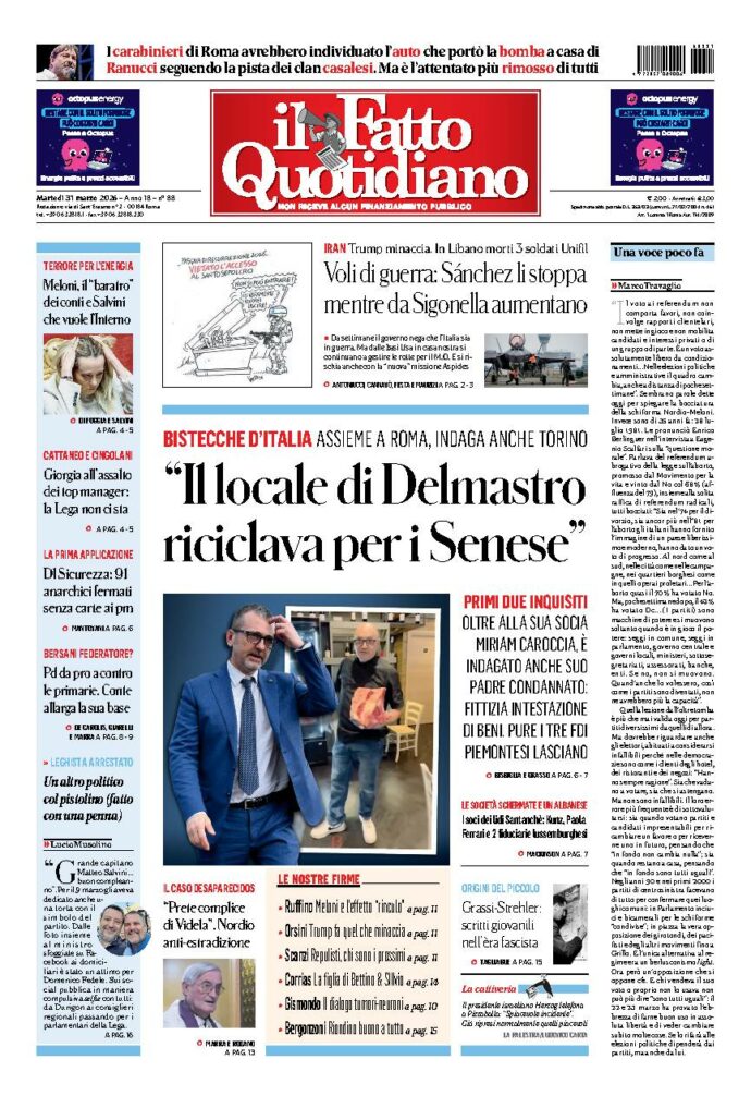 Copertina de Il Fatto Quotidiano di martedì 31 Marzo 2026