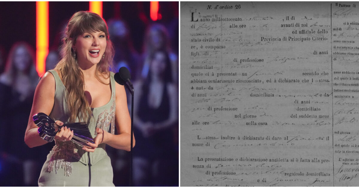 Taylor Swift ha origini italiane: la conferma dall’atto di nascita del trisavolo Carmine Carlo Antonio Baldi