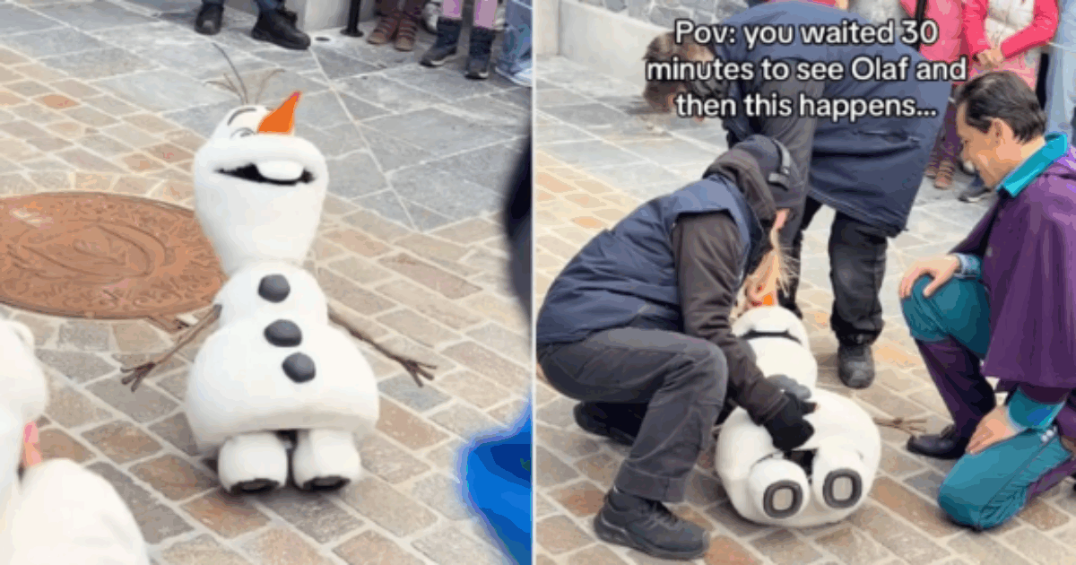 “È appena morto Olaf. Non avevo mai visto la vita lasciare gli occhi di un pupazzo così”: il video dello schianto a terra del pupazzo di neve versione animatronic è virale