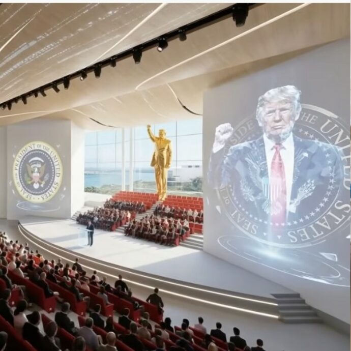 Una statua dorata, il jet presidenziale ‘parcheggiato’ nell’atrio e una replica dello Studio Ovale: svelata la nuova biblioteca di Trump a Miami