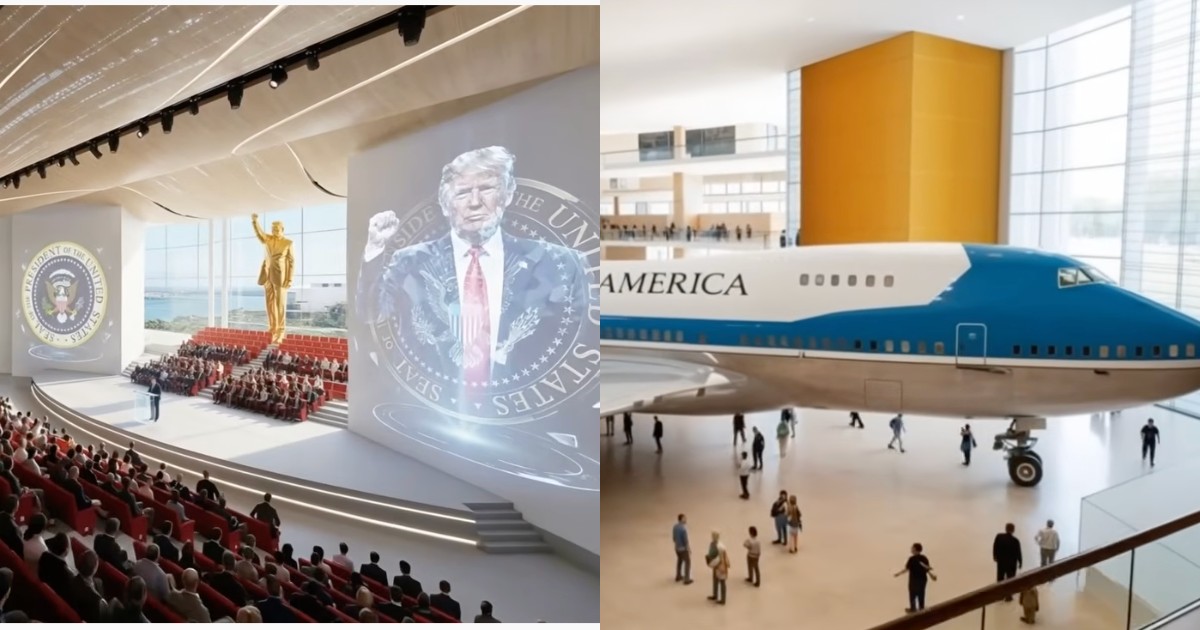 Una statua dorata, il jet presidenziale ‘parcheggiato’ nell’atrio e una replica dello Studio Ovale: svelata la nuova biblioteca di Trump a Miami