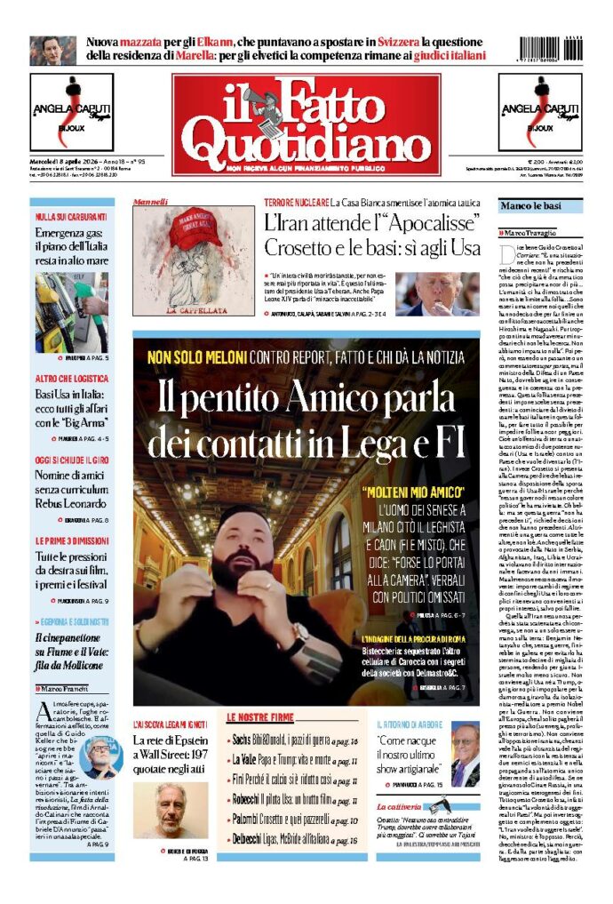 Copertina de Il Fatto Quotidiano di mercoledì 8 Aprile 2026
