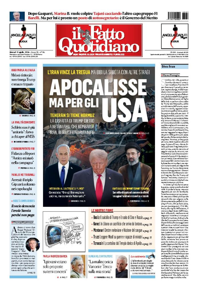 Copertina de Il Fatto Quotidiano di giovedì 9 Aprile 2026