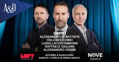 Copertina di Di Battista, Orsini, Bocchino, Costamagna e Giuliani ospiti di Sommi ad Accordi&Disaccordi sabato 11 aprile. Con Travaglio e Scanzi