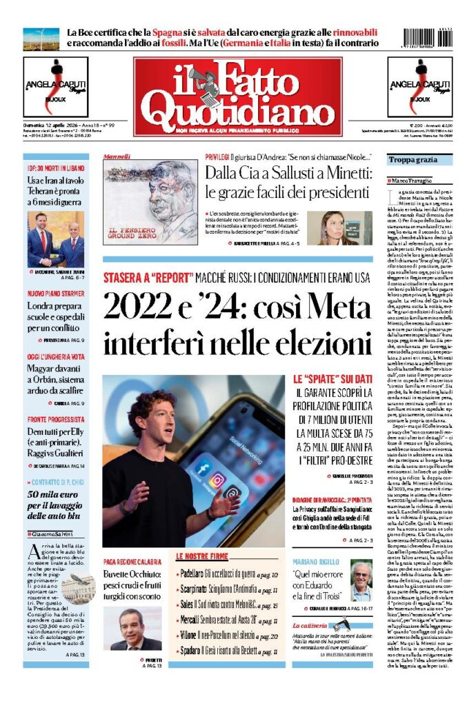 Copertina de Il Fatto Quotidiano di Dom 12 Aprile 2026