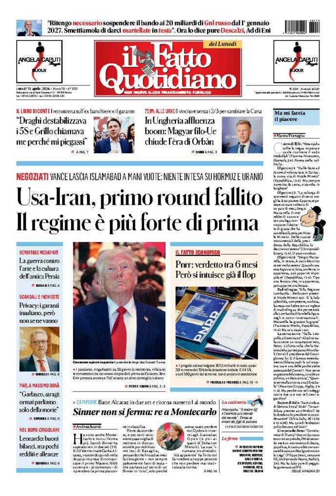 Copertina de Il Fatto Quotidiano di lunedì 13 Aprile 2026