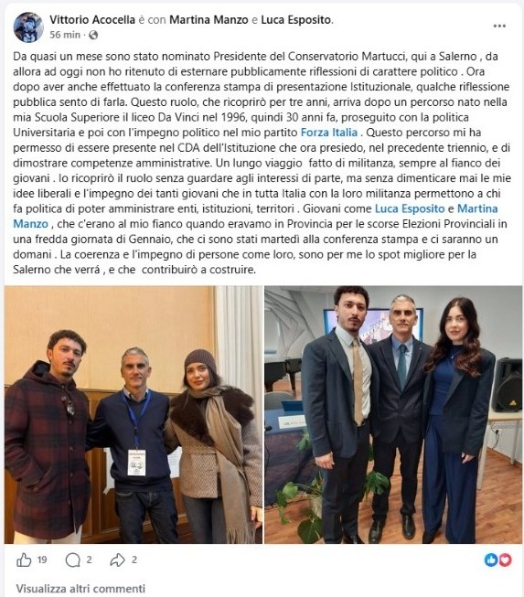 Il neo-presidente del conservatorio di Salerno scelto da Bernini? Un fedelissimo di FI: “Io qui grazie alla militanza”