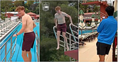 Copertina di “Ma quanto è alto”: Sinner ha paura del trampolino, poi ci ripensa e si tuffa “a bomba”. E Alcaraz lo riprende divertito – Video