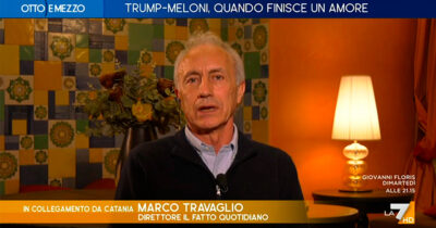 Copertina di Travaglio a La7: “Meloni? Ponzia Pilata in politica estera. Lei e l’Italia sono stati solo dei camerieri degli americani”