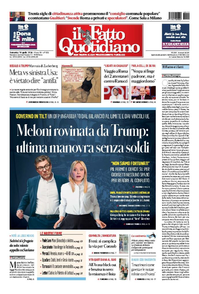 Copertina de Il Fatto Quotidiano di domenica 19 Aprile 2026