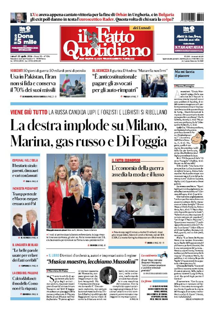 Copertina de Il Fatto Quotidiano di lunedì 20 Aprile 2026