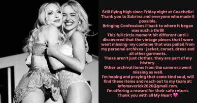 Copertina di Sparito il costume vintage di Madonna del 2006 dopo lo show con Sabrina Carpenter al Coachella. La popstar offre una ricompensa: “Quei capi sono parte della mia storia”