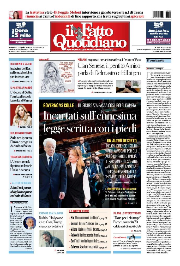 Copertina de Il Fatto Quotidiano di Mer 22 Aprile 2026