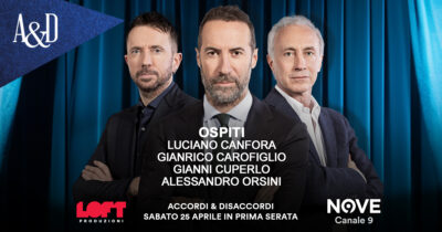 Copertina di Canfora, Carofiglio, Orsini e Cuperlo ospiti di Sommi ad Accordi&Disaccordi sabato 25 aprile. Con Travaglio e Scanzi