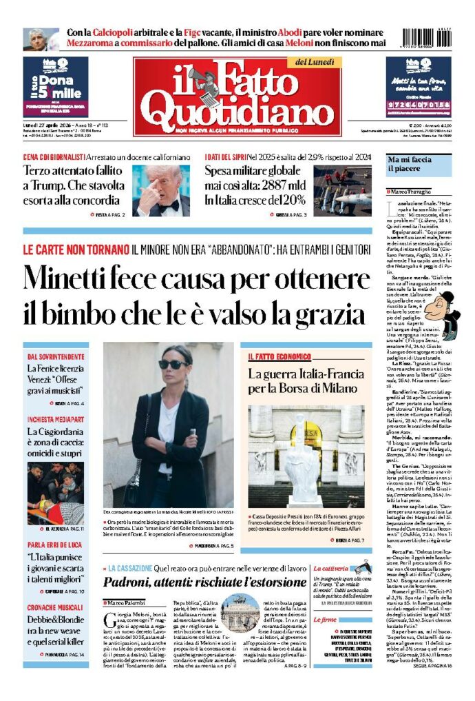 Copertina de Il Fatto Quotidiano di lunedì 27 Aprile 2026
