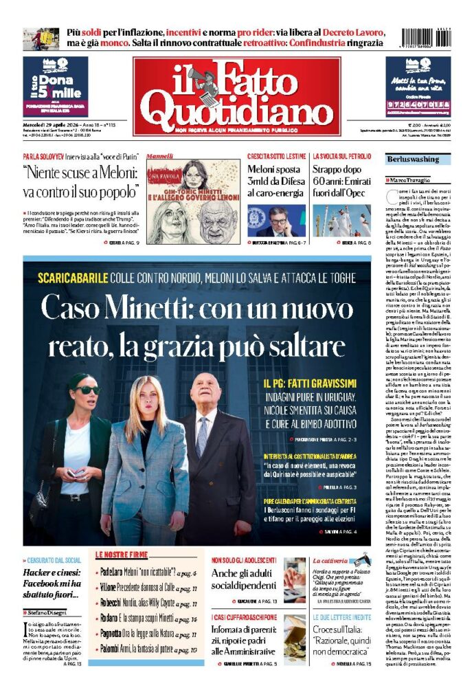 Copertina de Il Fatto Quotidiano di mercoledì 29 Aprile 2026