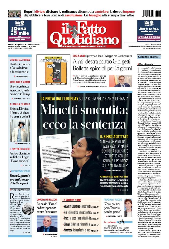 Copertina de Il Fatto Quotidiano di giovedì 30 Aprile 2026